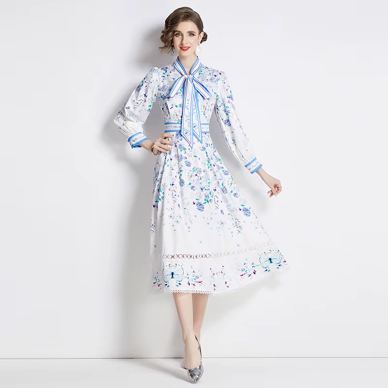 Robe imprimée à manches longues pour femmes, col rond, nœud papillon, taille amincissante, longueur 