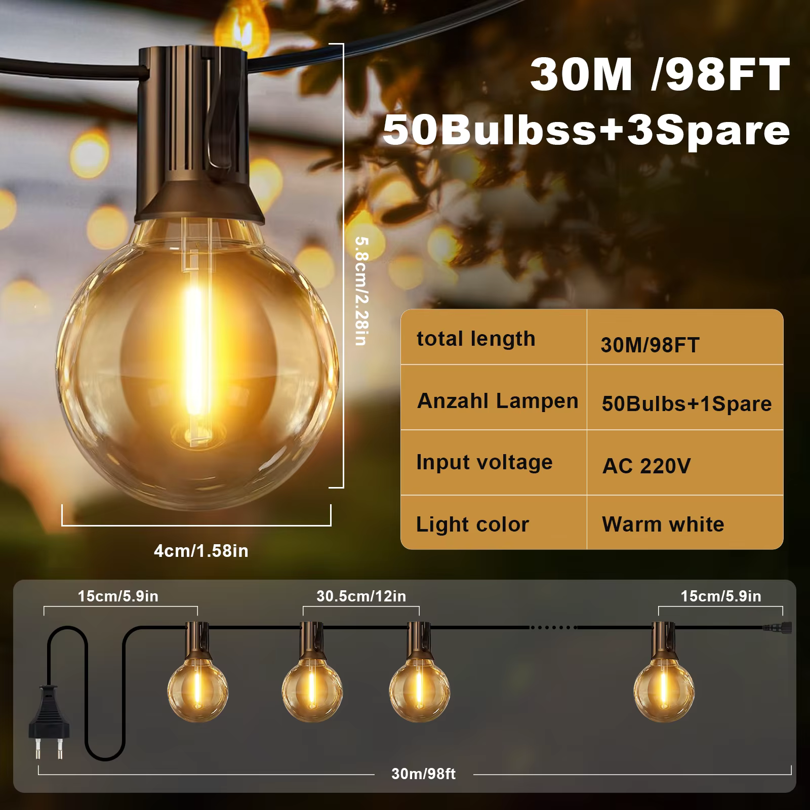Guirlande lumineuse extérieure G40, 5M/30M/45M, guirlande lumineuse de noël, guirlande lumineuse LED