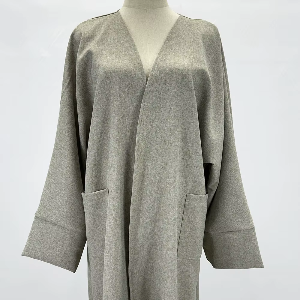 Abaya en lin avec poches pour femmes musulmanes, robe kimono ouverte, vêtements islamiques, modeste,