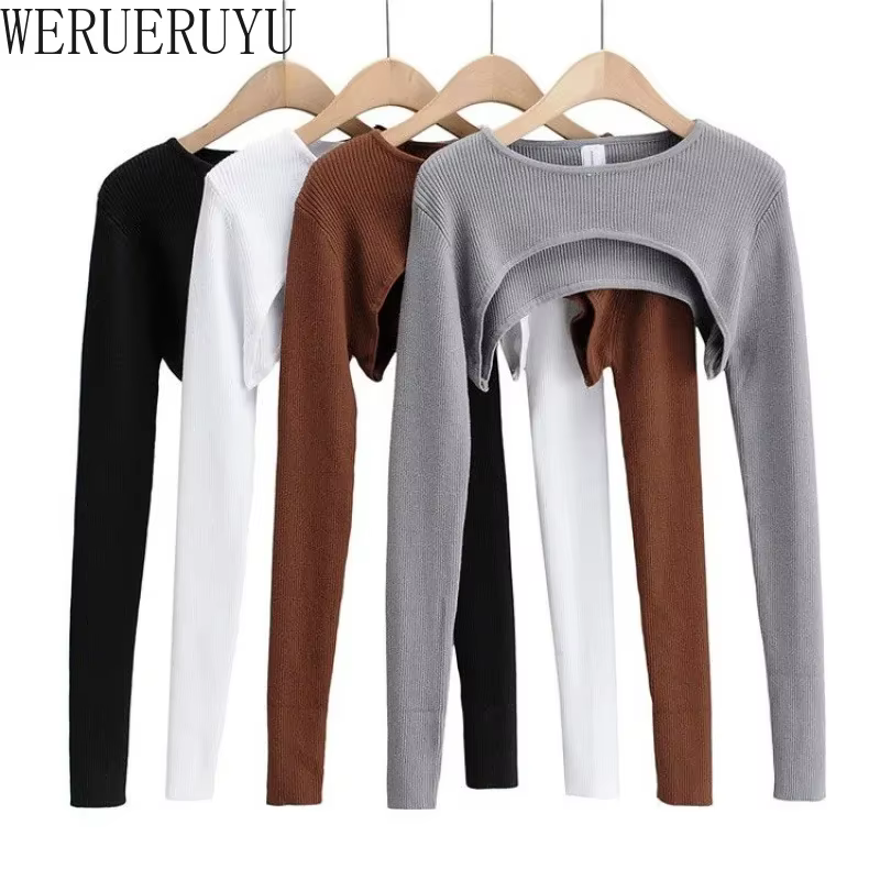 T-shirts femmes à manches longues haut court printemps automne Y2k vêtements esthétiques col rond no