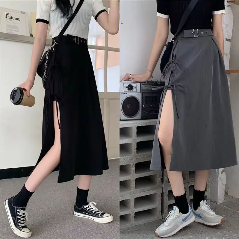Jupes mi-mollet à fente haute gothique foncé vintage pour femmes, mode élégante, fête, club, taille