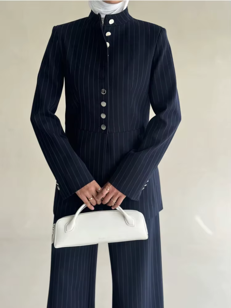 VTKW Nouvelle Collection 2026 – Ensemble Blazer et Pantalon Large Bleu Marine à Rayures Fines pour F