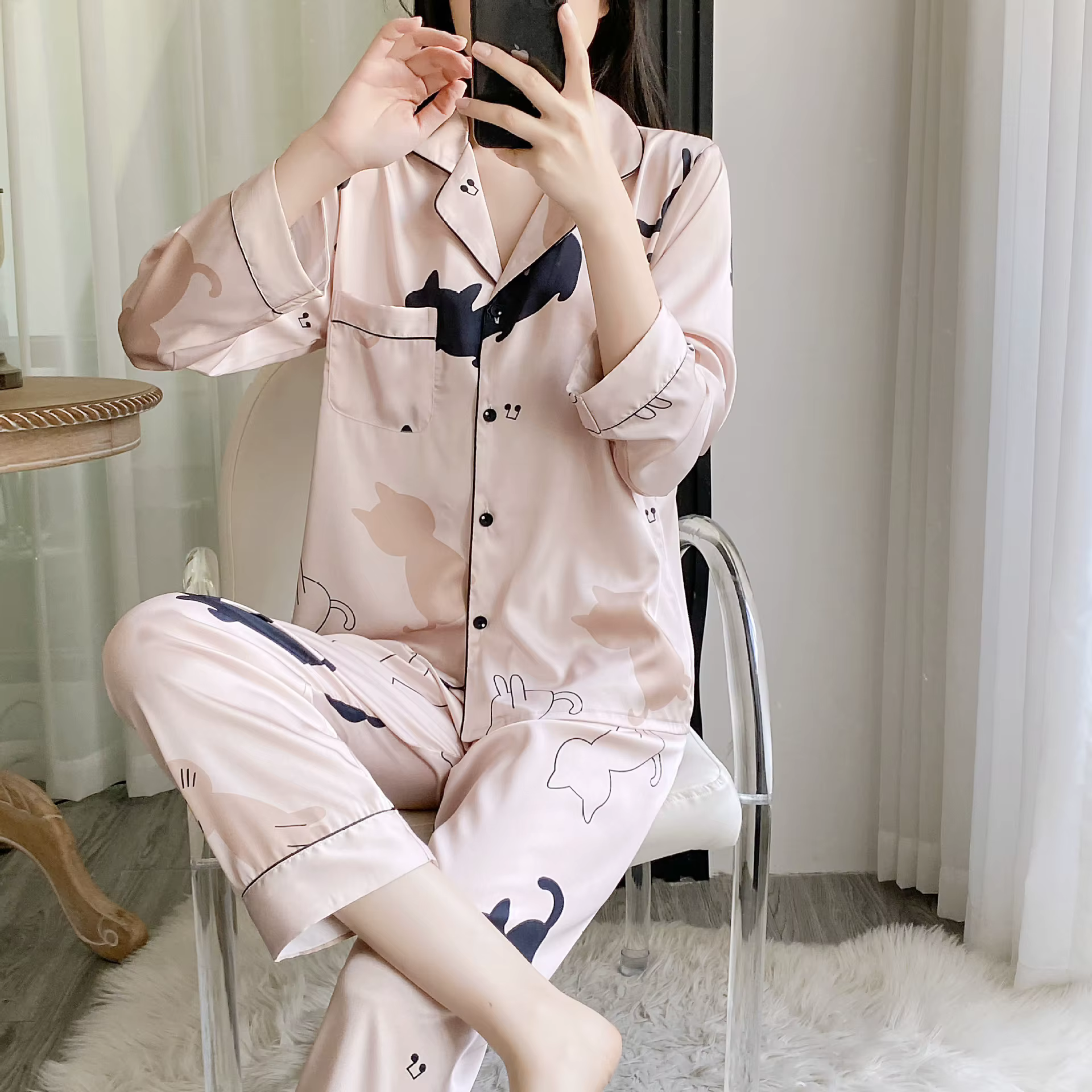 2025 printemps automne rose fille femmes glace soie deux pièces ensemble pyjamas dessin animé chat à