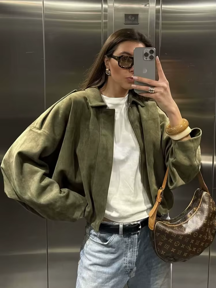Veste en daim vert pour femmes, nouvelle mode printemps 2026, manches longues, fermeture éclair, sur