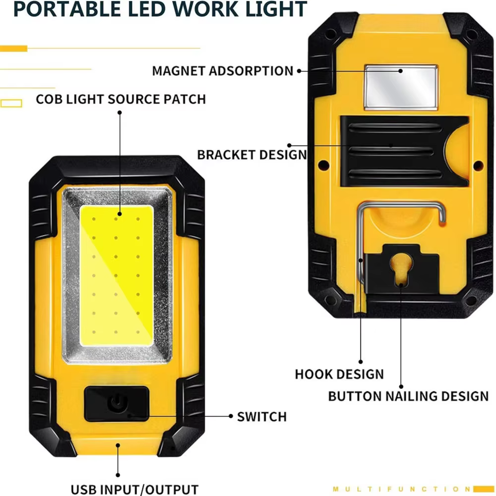 Lampe de travail Led 4000mah, Rechargeable, COB, Super brillante, avec lanterne magnétique Portable