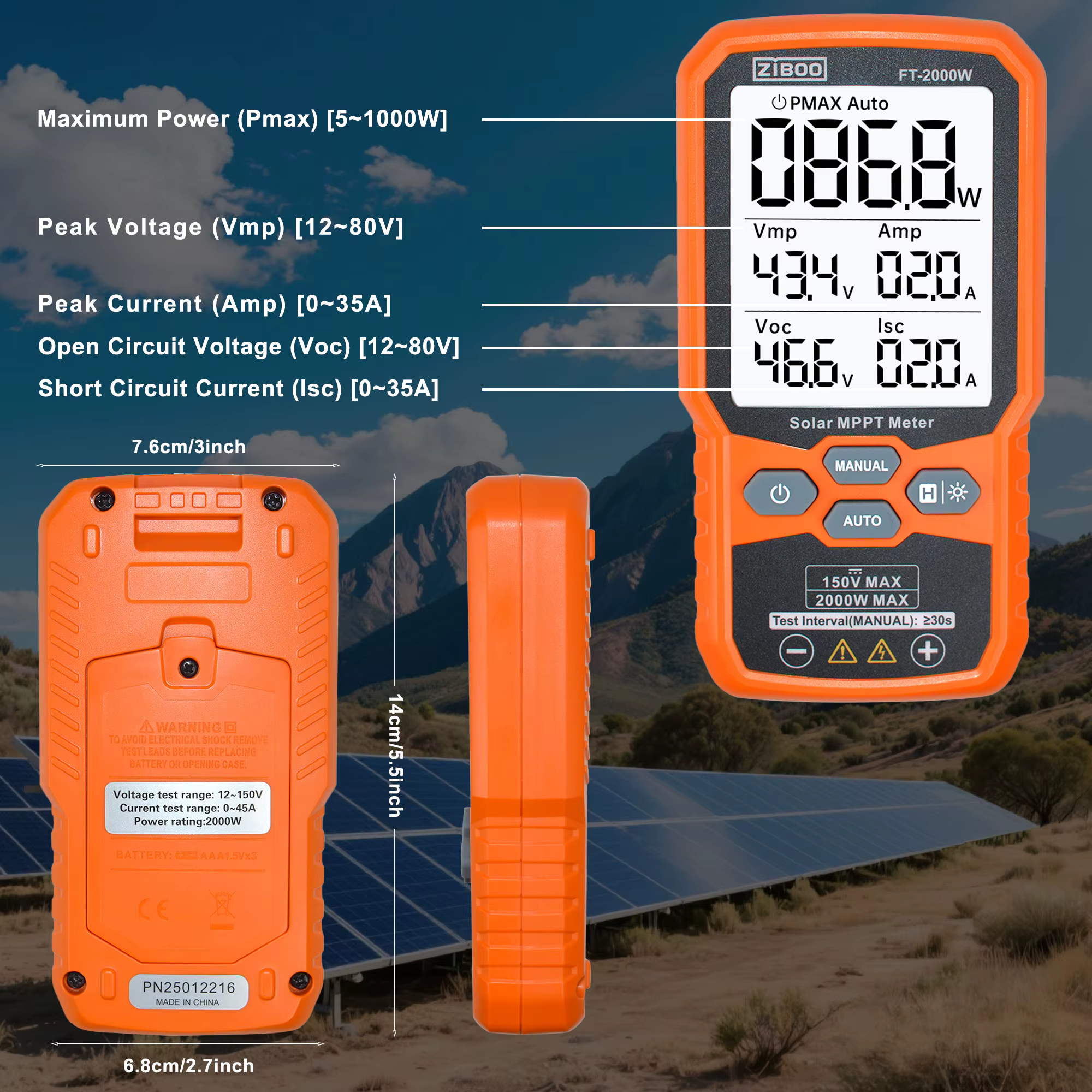 ZIBOO FT-2000W testeur de panneaux solaires compteur MPPT tension de Circuit ouvert et courant de co