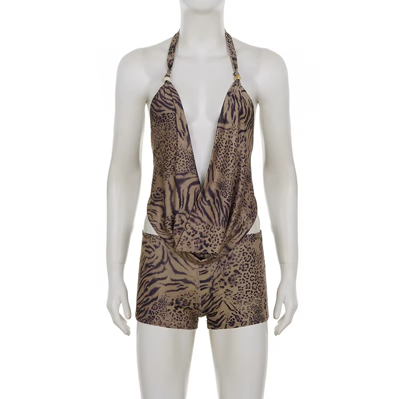 Ensemble 2 pièces pour femme SUCHCUTE, imprimé léopard, haut court dos nu à col en V profond et shor