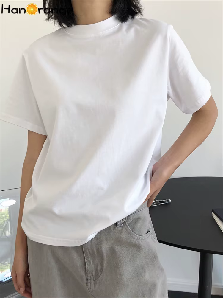 HanOrange-T-shirt à Manches Courtes et Col Rond pour Femme, Haut Vintage, Simple, Fin, Décontracté,