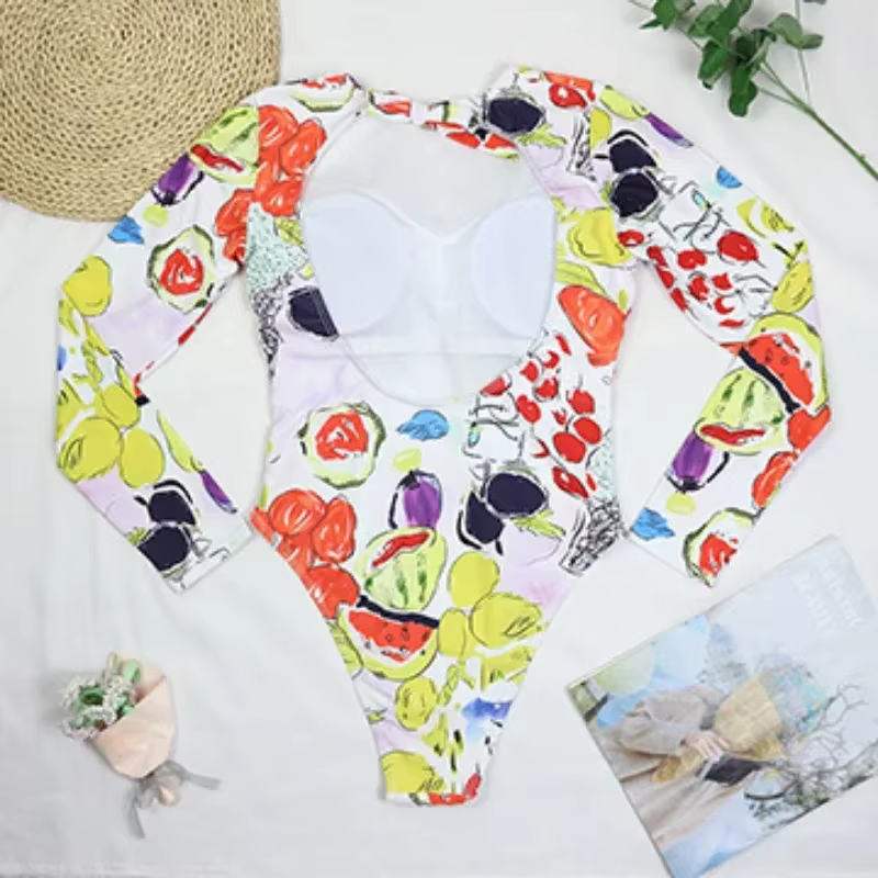 Maillot de bain une pièce sexy 2026 pour femme, manches longues, dos nu, imprimé légumes et fruits,