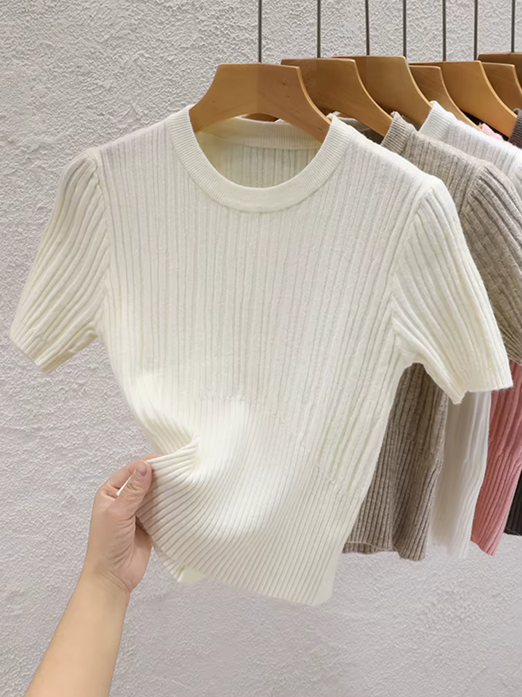 T-shirts d'été 2026 pour femmes – Décontractés, style coréen, tricotés, streetwear, basiques, unis, 