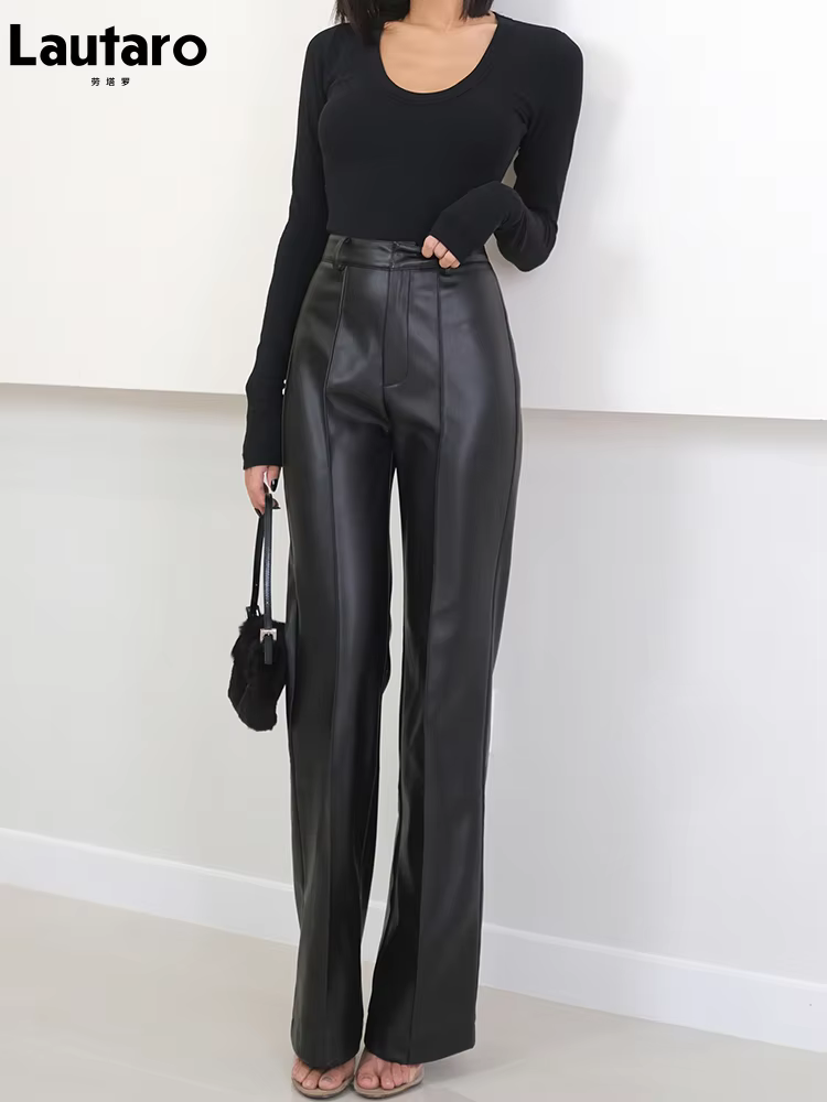 Lautaro – pantalon Long en cuir Pu souple pour femme, noir, avec fermeture éclair, taille haute, déc