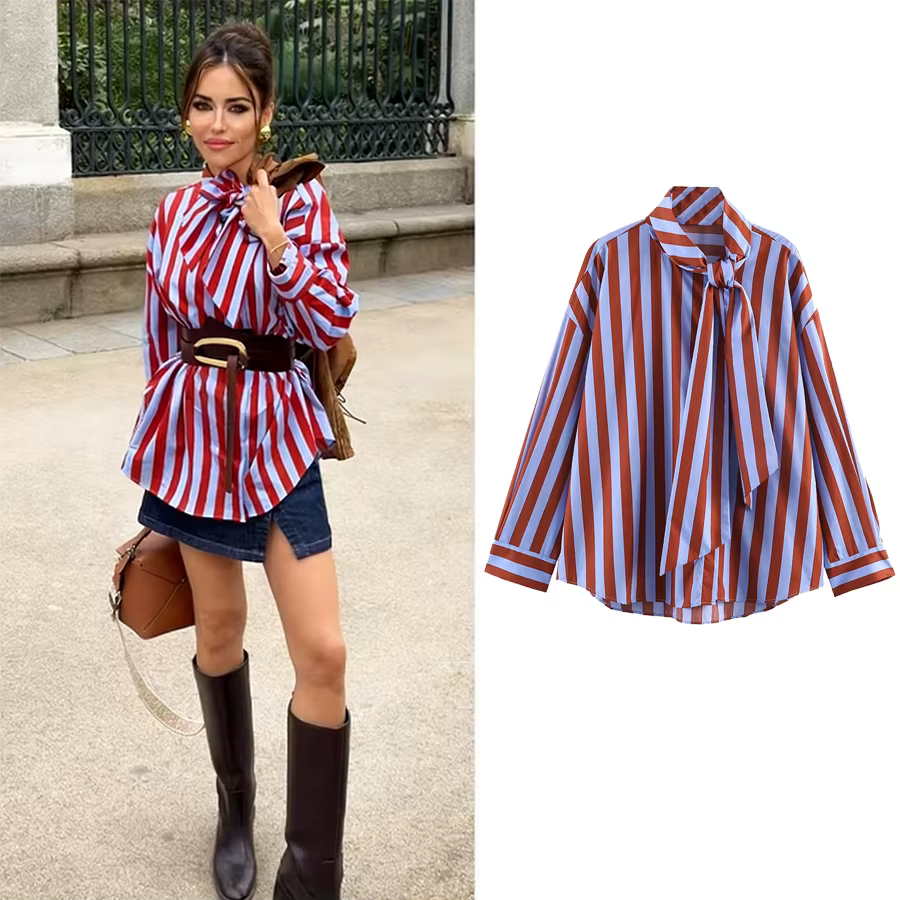 Nouvelle Blouse Chic pour Femme, Style Festival de Musique, Coupe Ample, Rayée, avec Nœud, Simple Bo
