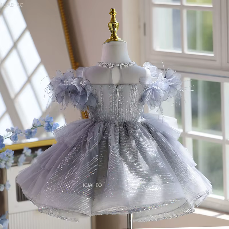 Robe de bal princesse grise pour filles, robe de fête d'anniversaire pour enfants, hôte de spectacle