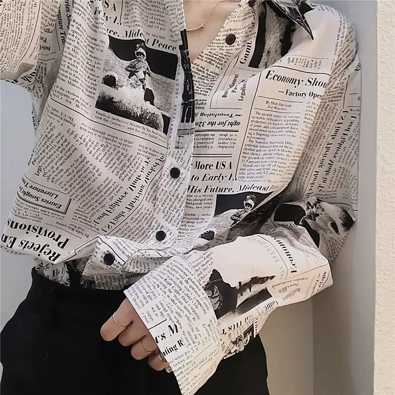 Gidyq-Chemises en mousseline de soie pour femmes, streetwear décontracté coréen, imprimé journal, mo