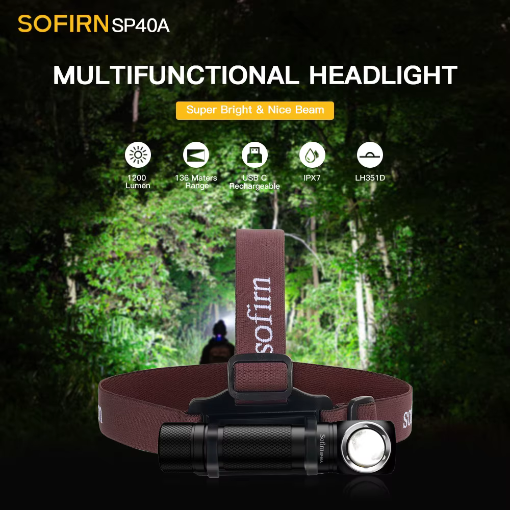 Lampe frontale SOFIRN SP40A avec optique TIR, LED TN-3535, rechargeable USB 18650, 1200lm, torche av