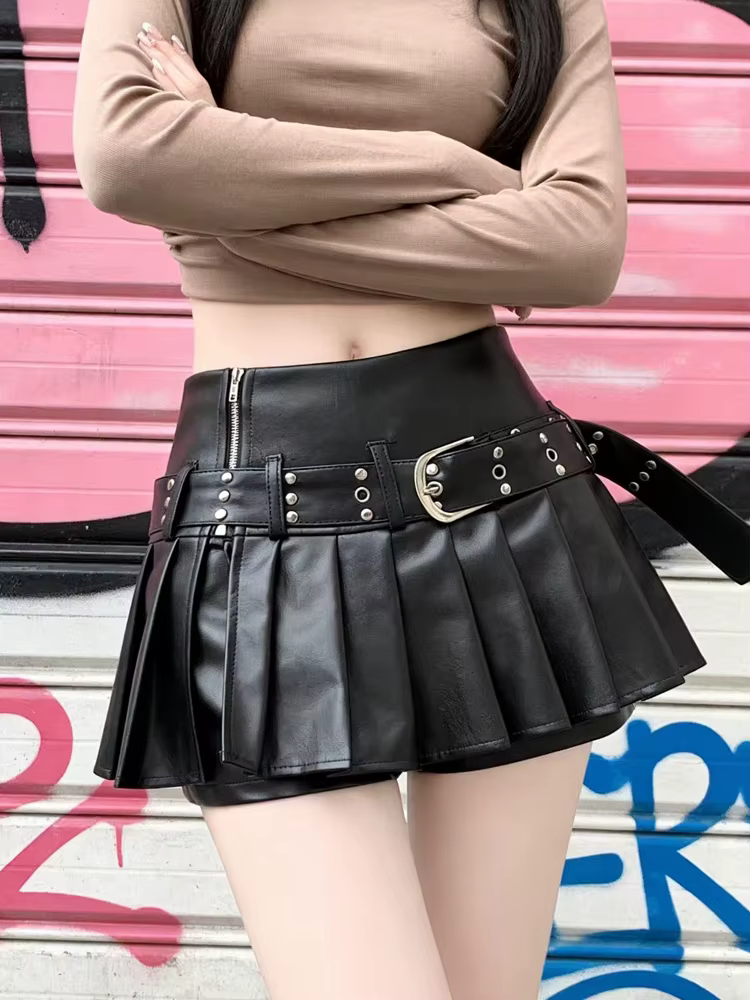 Jupe trapèze gothique noire en cuir plissé pour femmes, Mini short Y2k, jupe Emo coréenne Harajuku, 