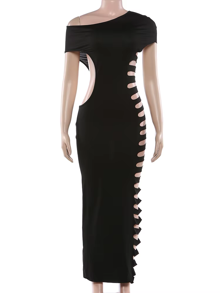 Robe longue sexy Kliou à découpes, col asymétrique, épaules dénudées, taille haute, moulante, pour s