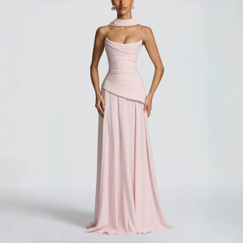 Robe de soirée rose poudré pour femme, col bénitier, dos froncé, à lacets, sans manches, élégante, p