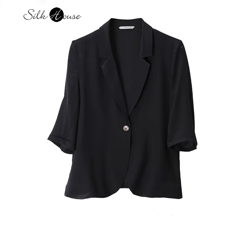 Crêpe de Chine lavée au mûrier pour femme, manches trois quarts, bouton unique, mince trempé, noir, 