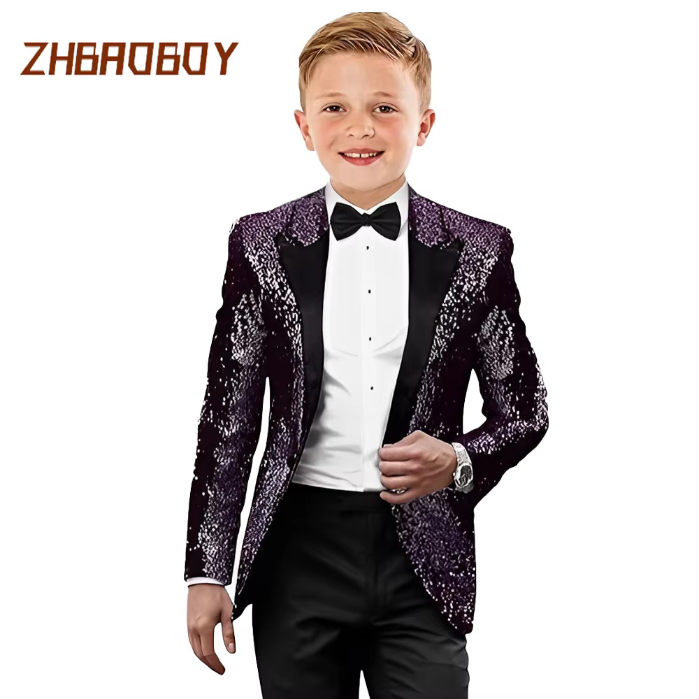 Costumes de smoking pour enfants, 2 pièces, à paillettes, coupe cintrée, vêtements formels, fête de