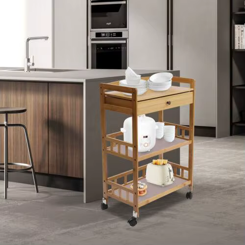 Chariot de Cuisine Roulant en Bambou avec Support de Rangement, Étagères à 3 Niveaux, Organisateur, 
