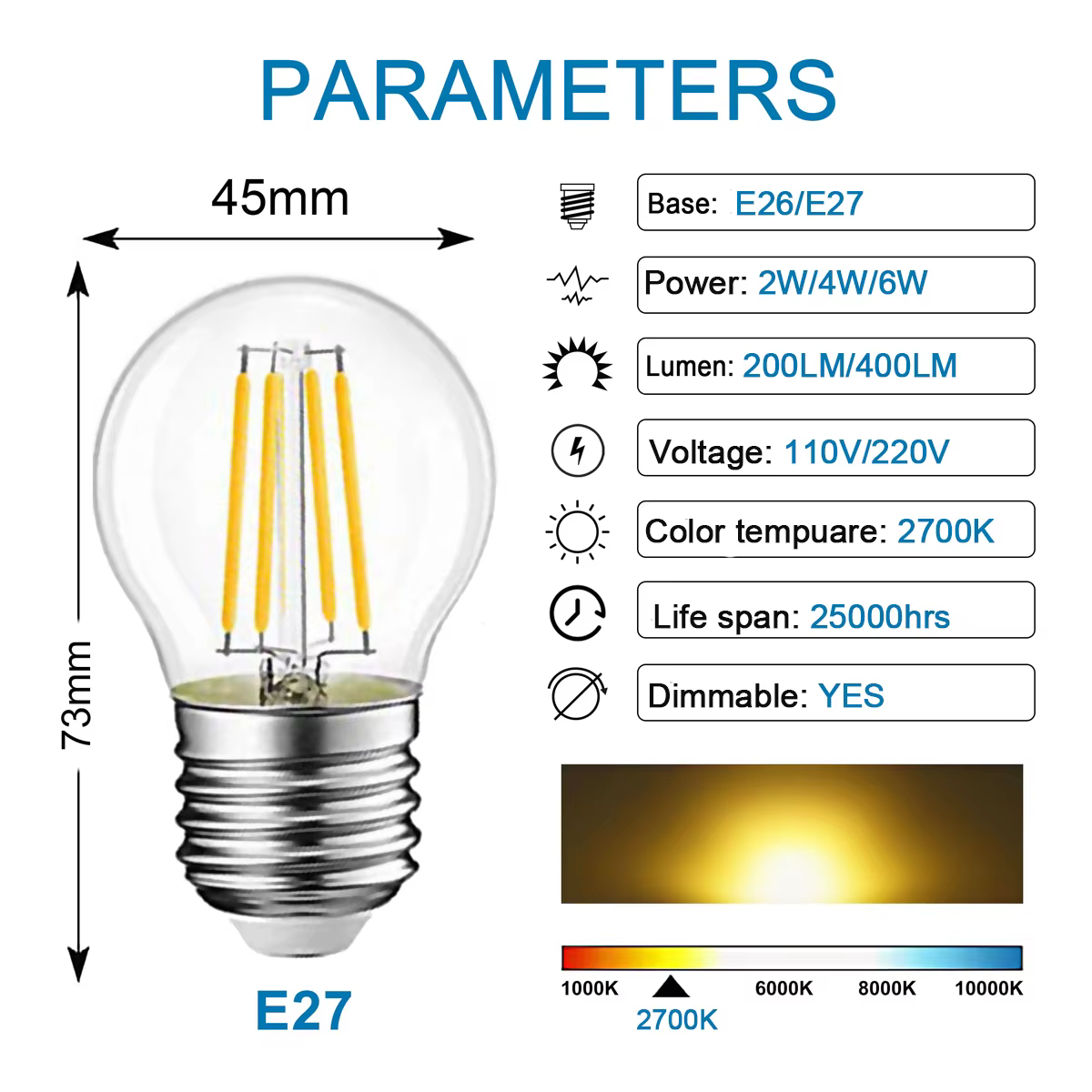 Ampoule LED Globe Rétro Edison G45 2W 4W 6W E27 2700K 6000K, Ampoule à Filament LED 110V pour Décora
