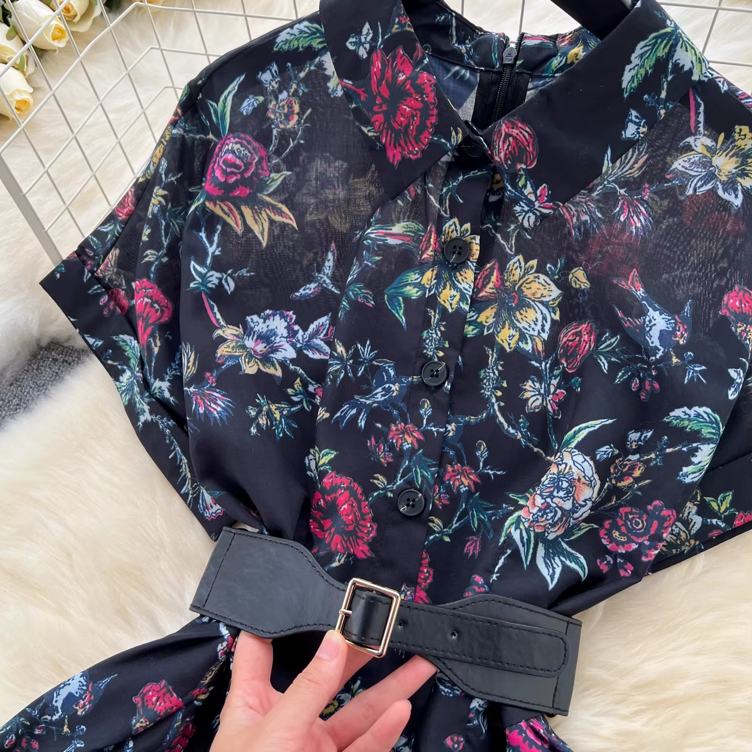 Robe à Revers à Imprimé Floral pour Femme, Vêtement Français Vintage, Manches Courtes, Taille Haute,