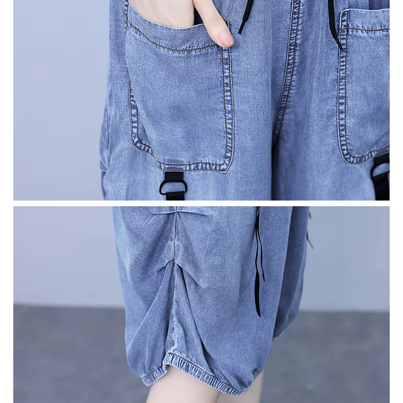 Ensemble 2 pièces en denim imbibé pour femme, haut imprimé, taille élastique, pantalon longueur moll