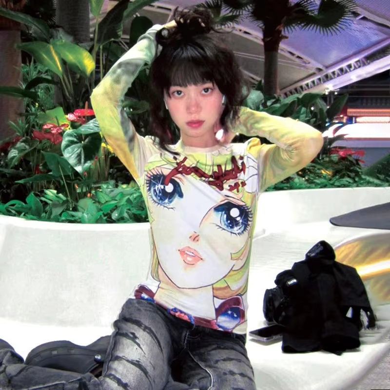 Karrram japonais Y2k Anime imprimé T-shirt 2000s esthétique à manches longues T-shirt Vintage Haraju