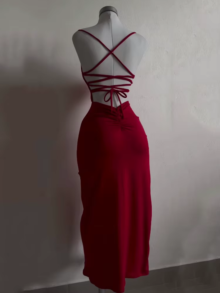 Robe longue à lacets, dos nu, Sexy, fendue, sans manches, moulante, fête, Club, Robes de soirée, rue