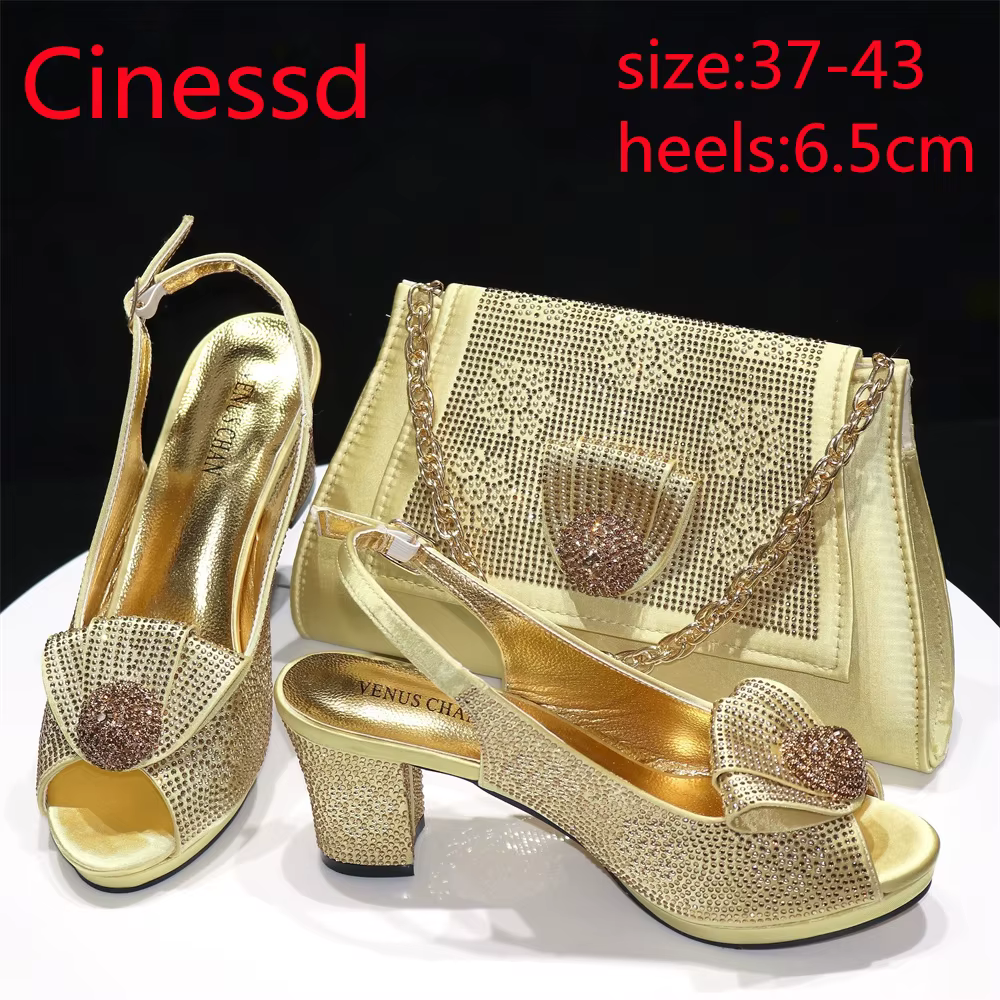 Ensemble de chaussures et de sacs nigérians pour femmes, escarpins en cristal complet, talons carrés