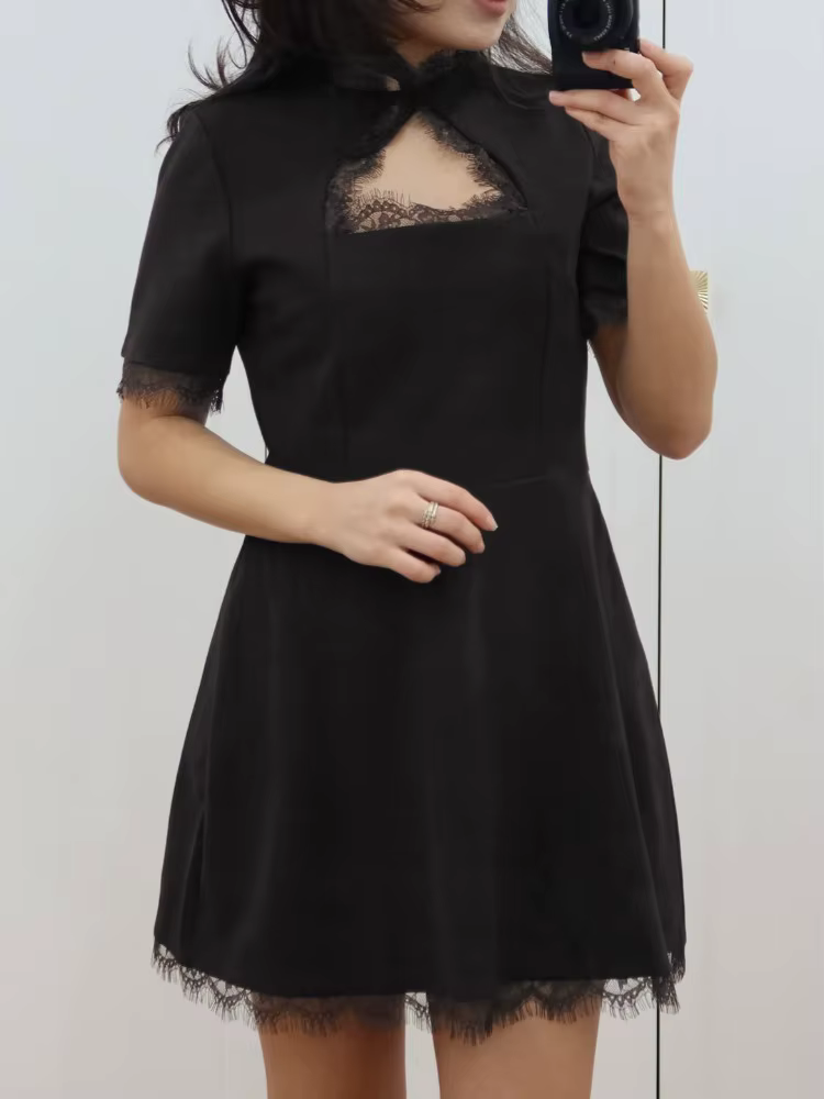 Tossy noir dentelle évider Mini robe femme Patchwork à manches courtes Sexy taille haute robe de soi