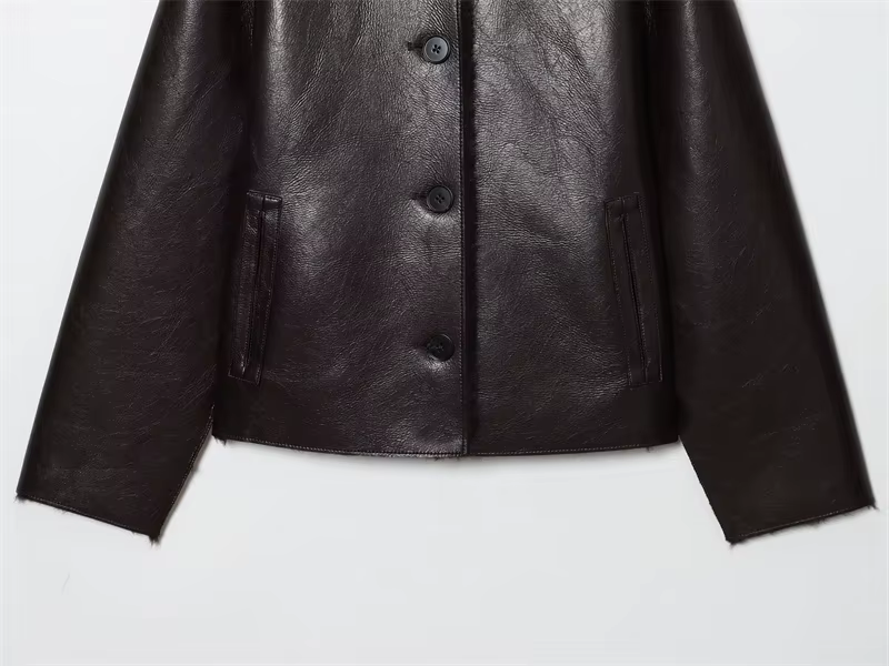 Veste femme 2025 automne/hiver nouveautés marron foncé à manches longues en simili cuir veste révers