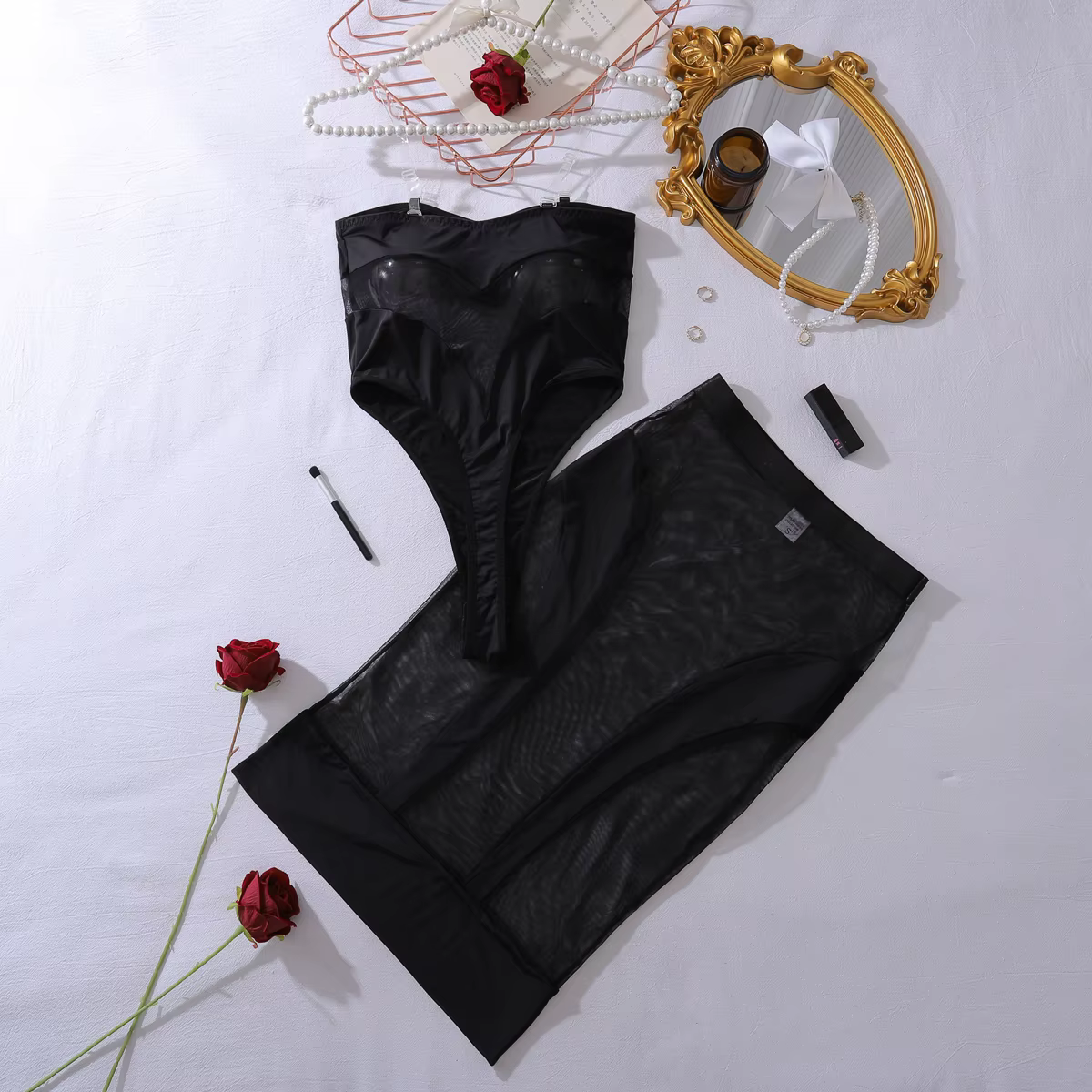 Ellolace élégant chaud Sexy Lingerie voir à travers sans bretelles body demi robe 2 pièces ensemble