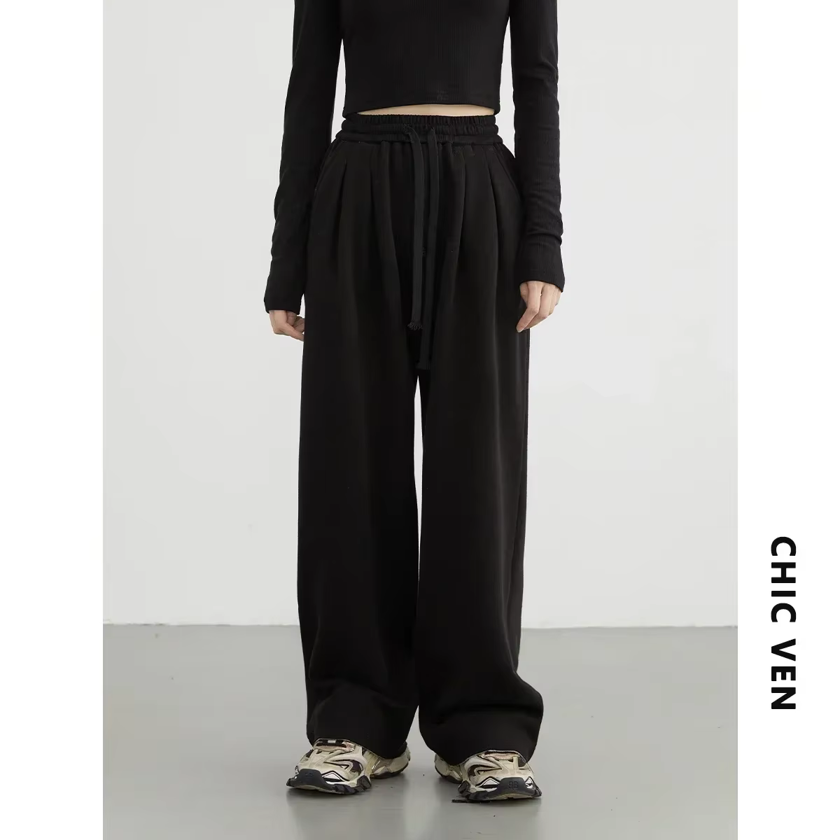 CHIC VEN pantalon femme Streetwear solide ample nouveau cordon sport pantalon décontracté taille hau