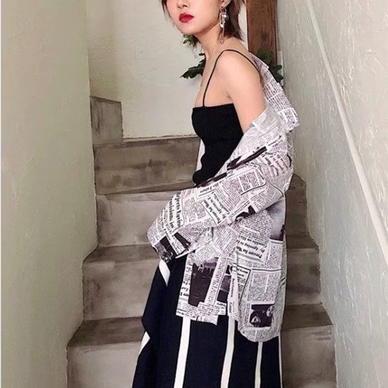Gidyq-Chemises en mousseline de soie pour femmes, streetwear décontracté coréen, imprimé journal, mo