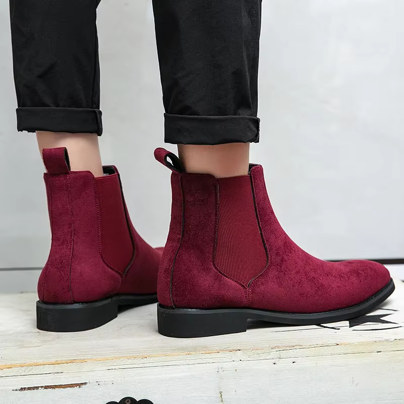 Bottes Chelsea pour Hommes en Daim Rouge Vin, Bout Rond, Bottes de Ville à Talons Bas, Faciles à Enf