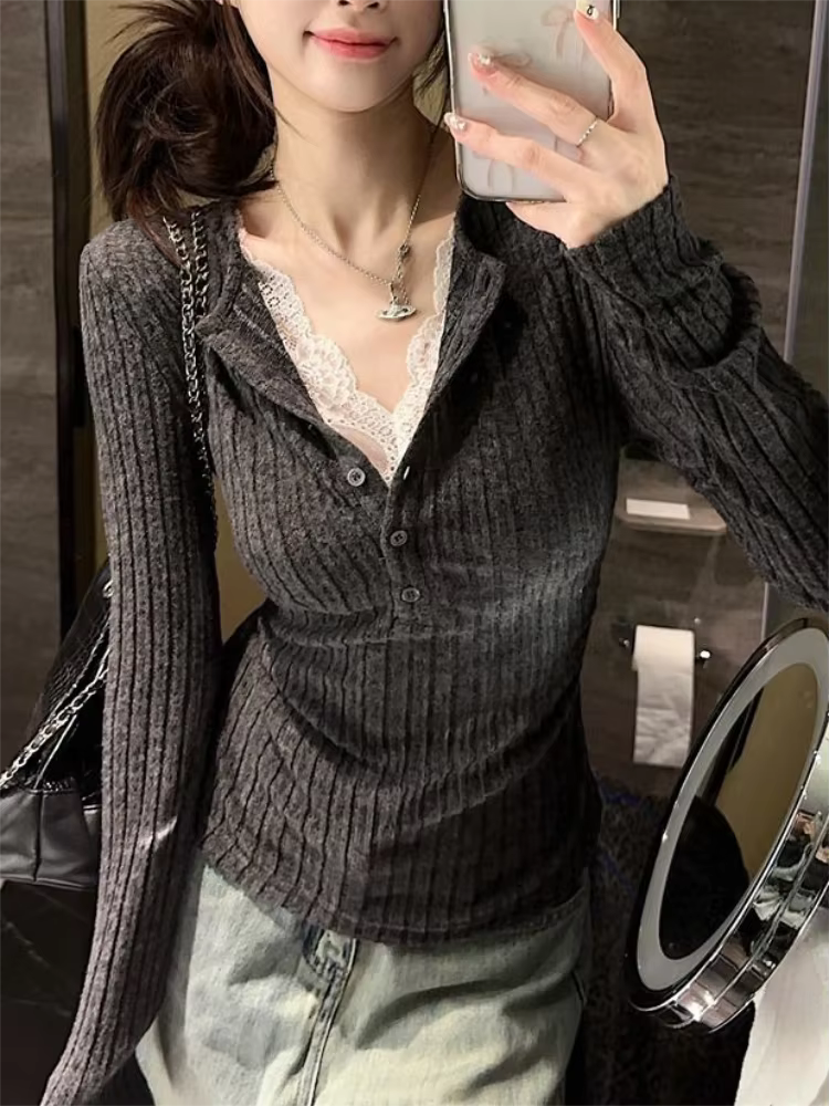 Haut en dentelle Patchwork pour femmes, T-Shirt à manches longues, chemise de Base, mode Vintage, fa