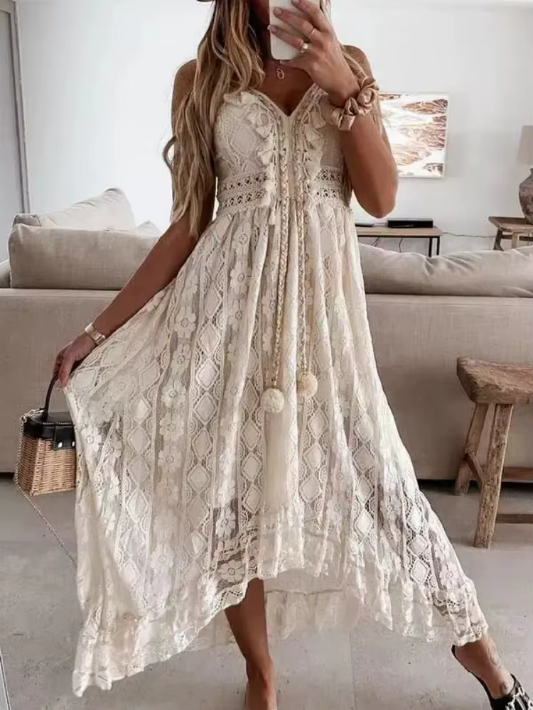 Robe longue en dentelle sans manches pour femmes, mode d'été, Sexy, plage, vacances, col en V, ajour
