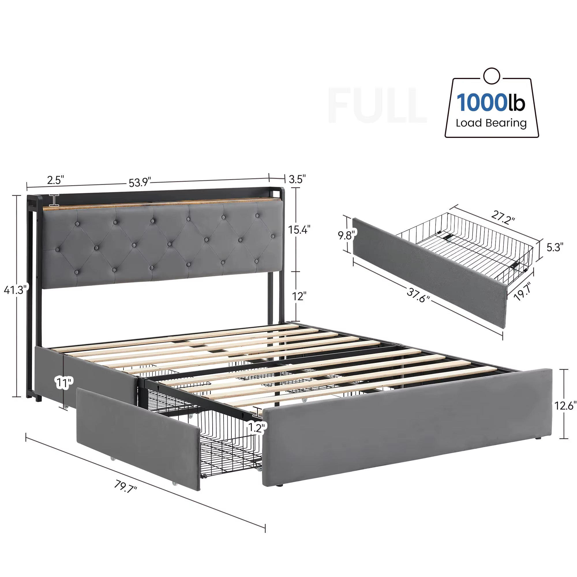 Cadre de lit avec 4 wers de proximité de stockage et station de recharge, avec planche de sauna de s