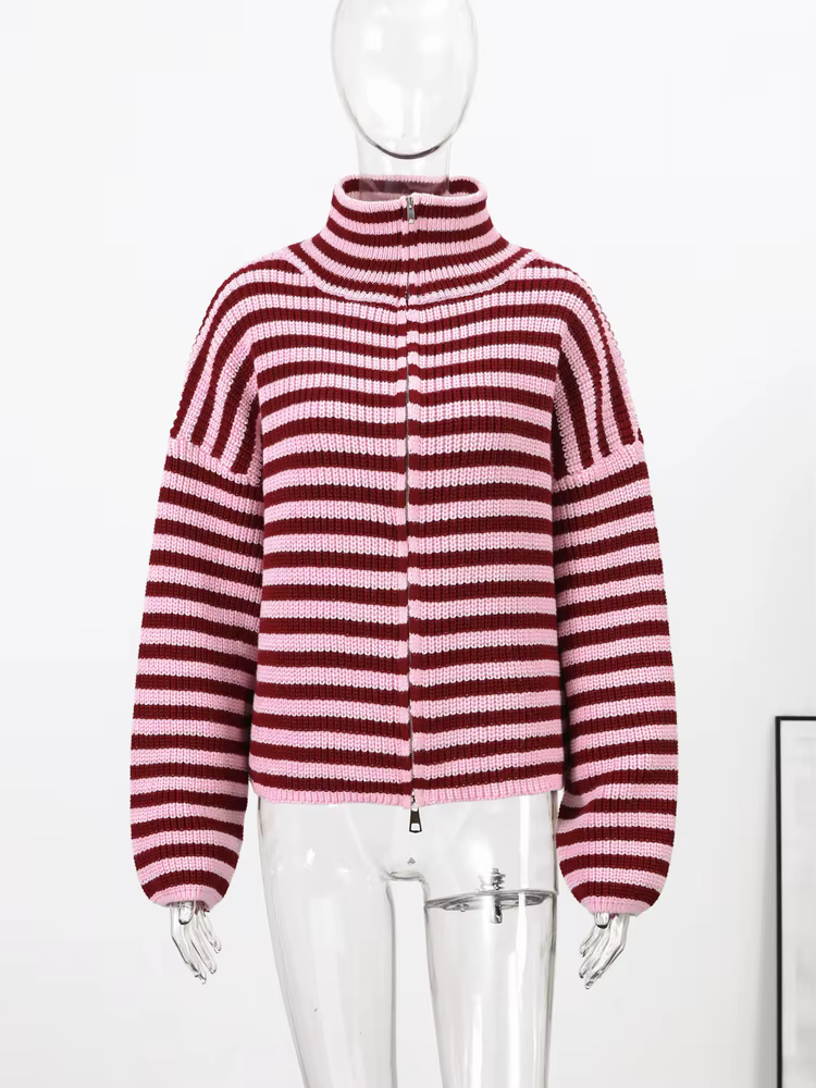 Cardigan décontracté en maille rayée pour femme, avec double fermeture éclair, manches longues, col 