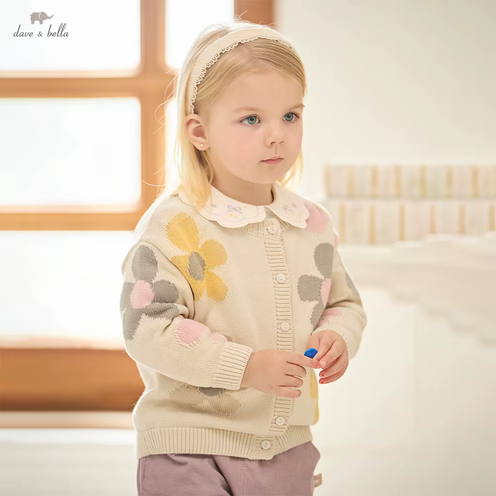 Dave Bella automne hiver filles bébé enfants doux mignon haut pull tricoté à fleurs pull mode décont