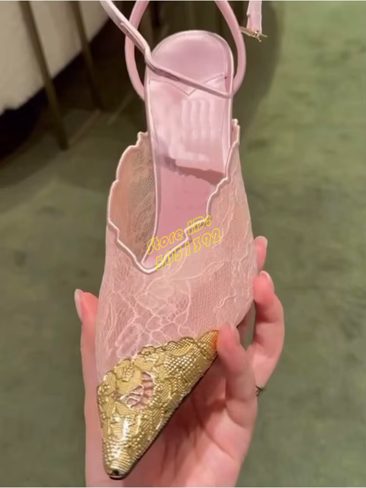 Escarpins sexy à bout pointu en dentelle avec bride de cheville à boucle, talon aiguille, rose et no