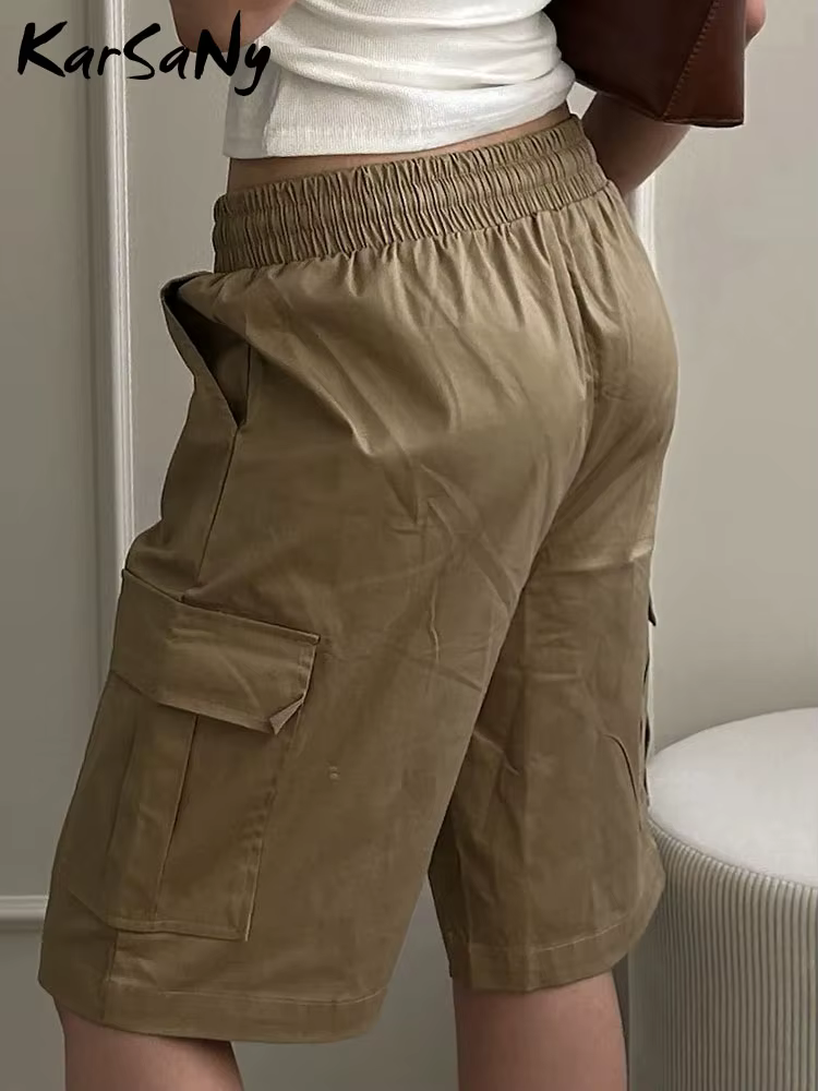Short cargo taille haute pour femme, bermuda d'été, monochrome, grande poche, décontracté, jambe dro