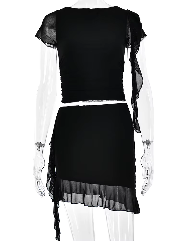 Articat-Ensemble deux pièces sexy pour femme, maille double couche, à volants, transparent, serré, m