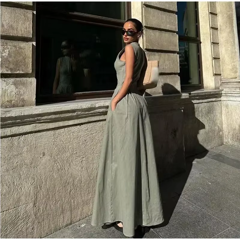 MUJER 2025 robes longues drapées pour femmes fermeture éclair sans manches robe Maxi femme vacances