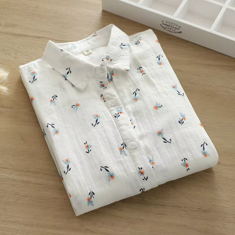 Chemisier en fil de coton 100% pour femme, style Mori Girl japonais, imprimé, chemises blanches à ma