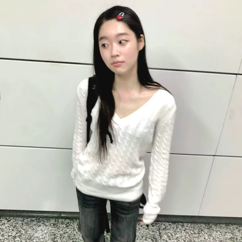 Karrram japonais Y2k col en v blanc pull Vintage Harajuku tricot mince pull Style coréen automne hiv