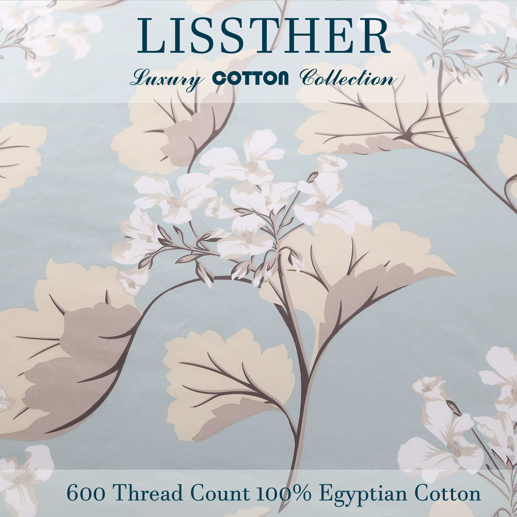 Ensemble de housse de couette 3 pièces 600TC 100% coton égyptien, feuilles de luxe bleues florales, 