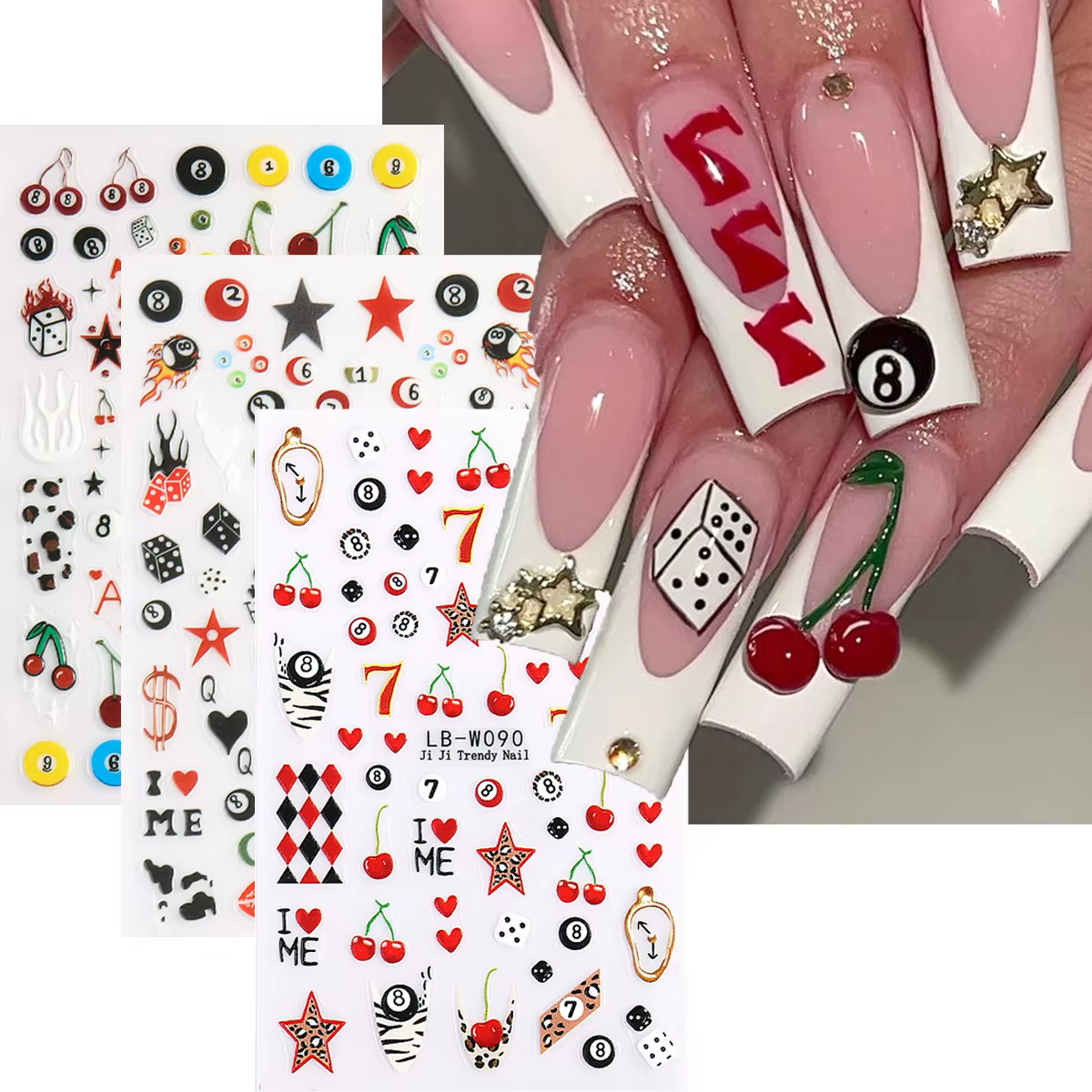 Autocollants pour ongles auto-adhésifs de billard, 8 boules et numéro 7, dés de poker brillants auto